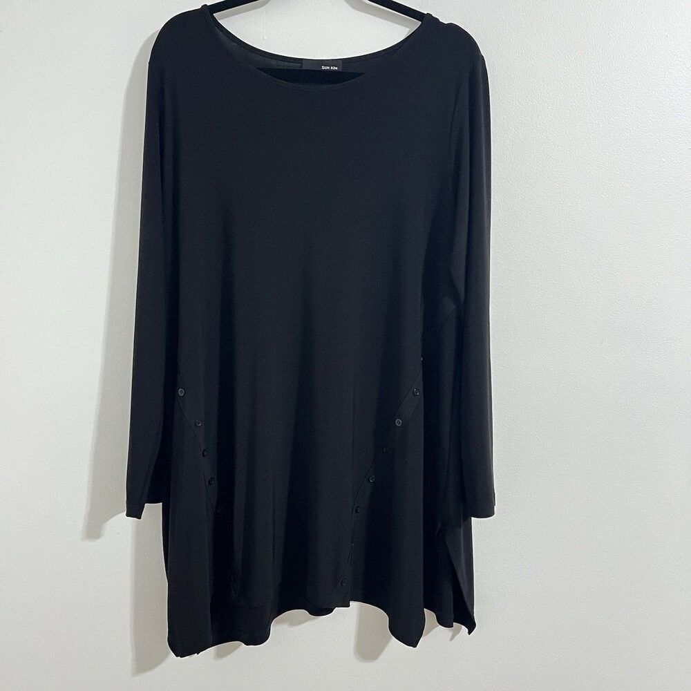 SUN KIM Slinky Tunic Top Size L Black Stretch Lagenlook Whimsigoth Buttons Flowy